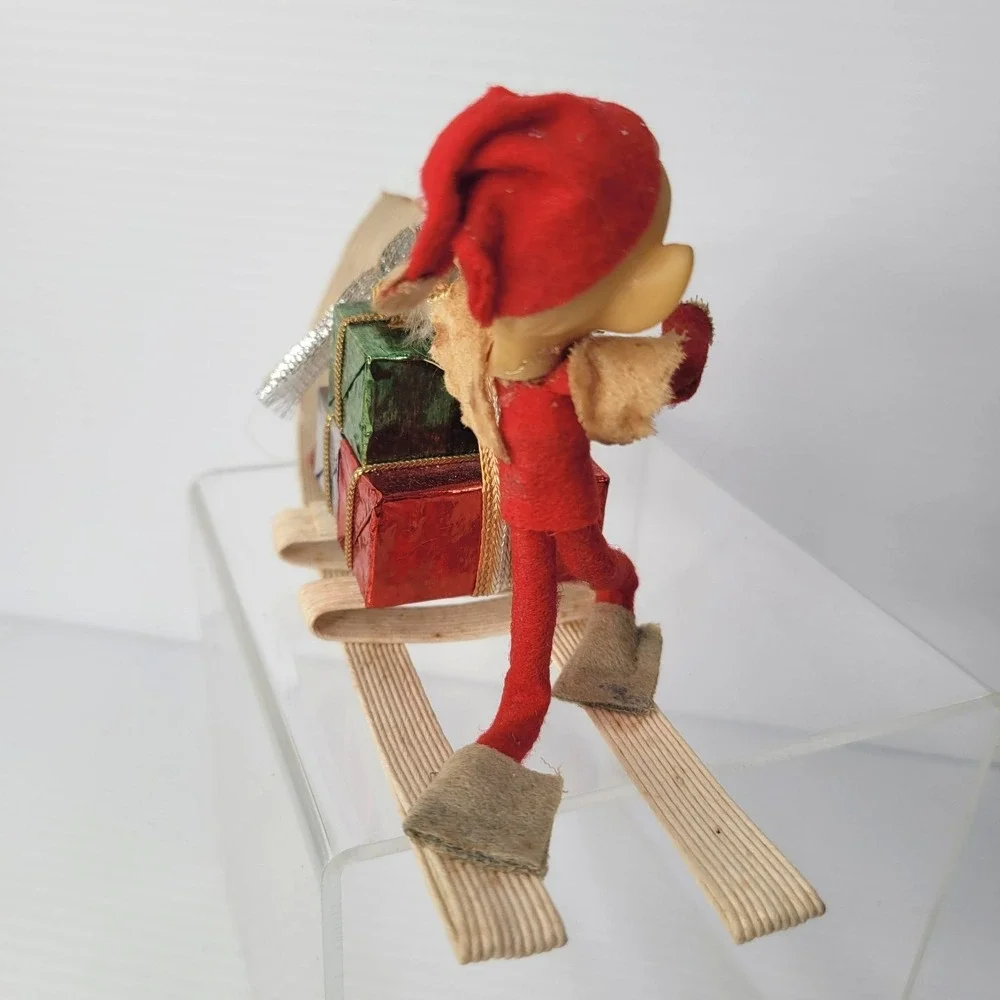 Vintage Pixie Elf Doll on Sleigh Christmas Decoration 8